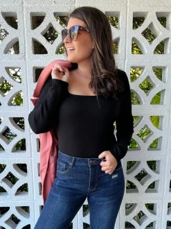 The Trisha Textured Square Neck Bodysuit in Black