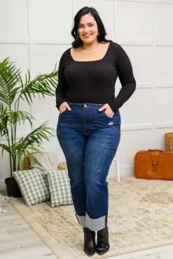 The Trisha Textured Square Neck Bodysuit in Black