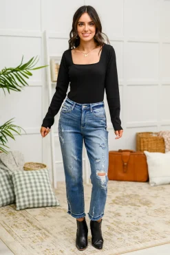 The Trisha Textured Square Neck Bodysuit in Black