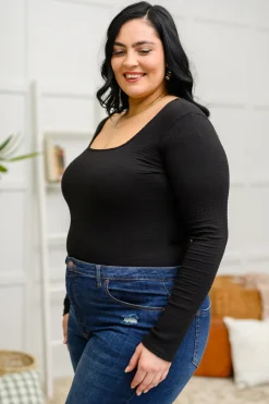 The Trisha Textured Square Neck Bodysuit in Black