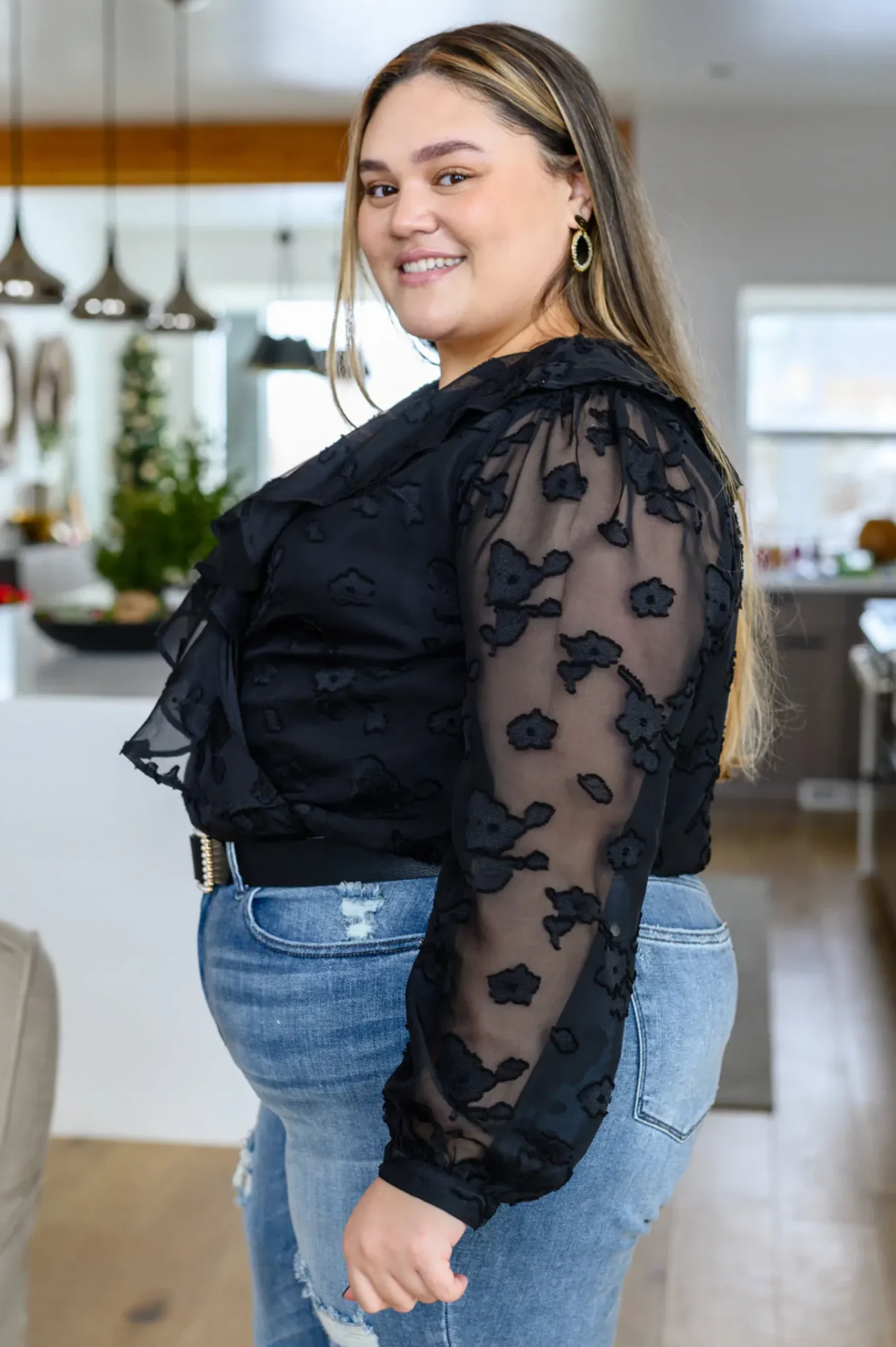 Think Of Me Ruffle Long Sleeve Bodysuit in Black