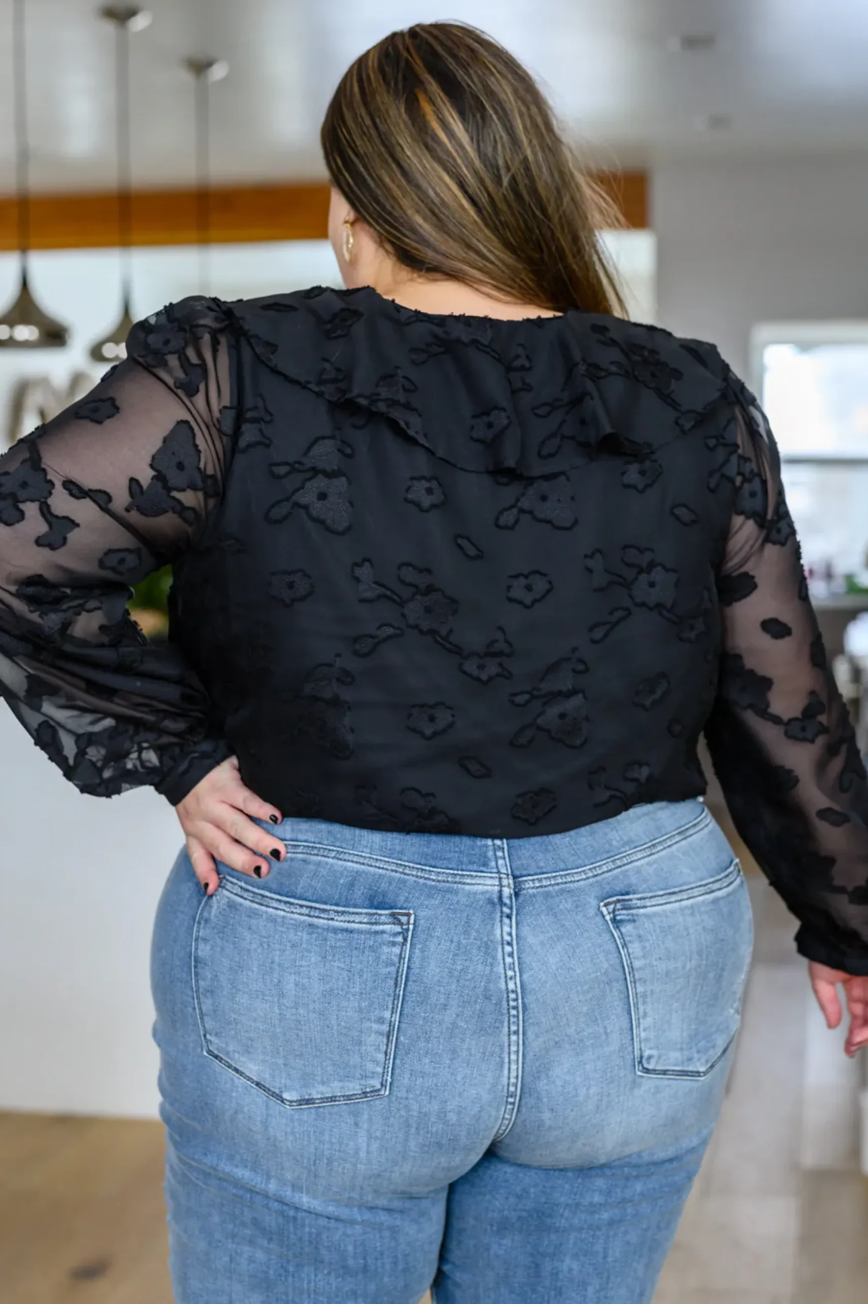 Think Of Me Ruffle Long Sleeve Bodysuit in Black
