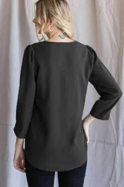 Three Quarter Sleeve V-Neck Blouse - Black