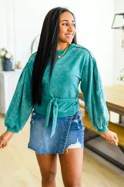 Tied Up In Cuteness Mineral Wash Sweater in Teal