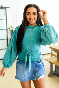 Tied Up In Cuteness Mineral Wash Sweater in Teal