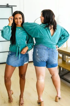 Tied Up In Cuteness Mineral Wash Sweater in Teal