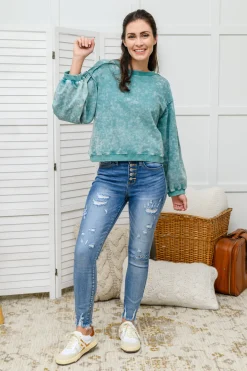 Tied Up In Cuteness Mineral Wash Sweater in Teal