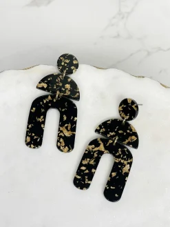 Tiered Geometric Arch Gold Foil Dangle Earrings - Black