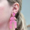 Tiered Geometric Arch Gold Foil Dangle Earrings - Pink