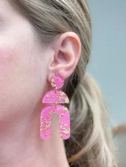 Tiered Geometric Arch Gold Foil Dangle Earrings - Pink