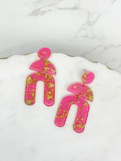 Tiered Geometric Arch Gold Foil Dangle Earrings - Pink
