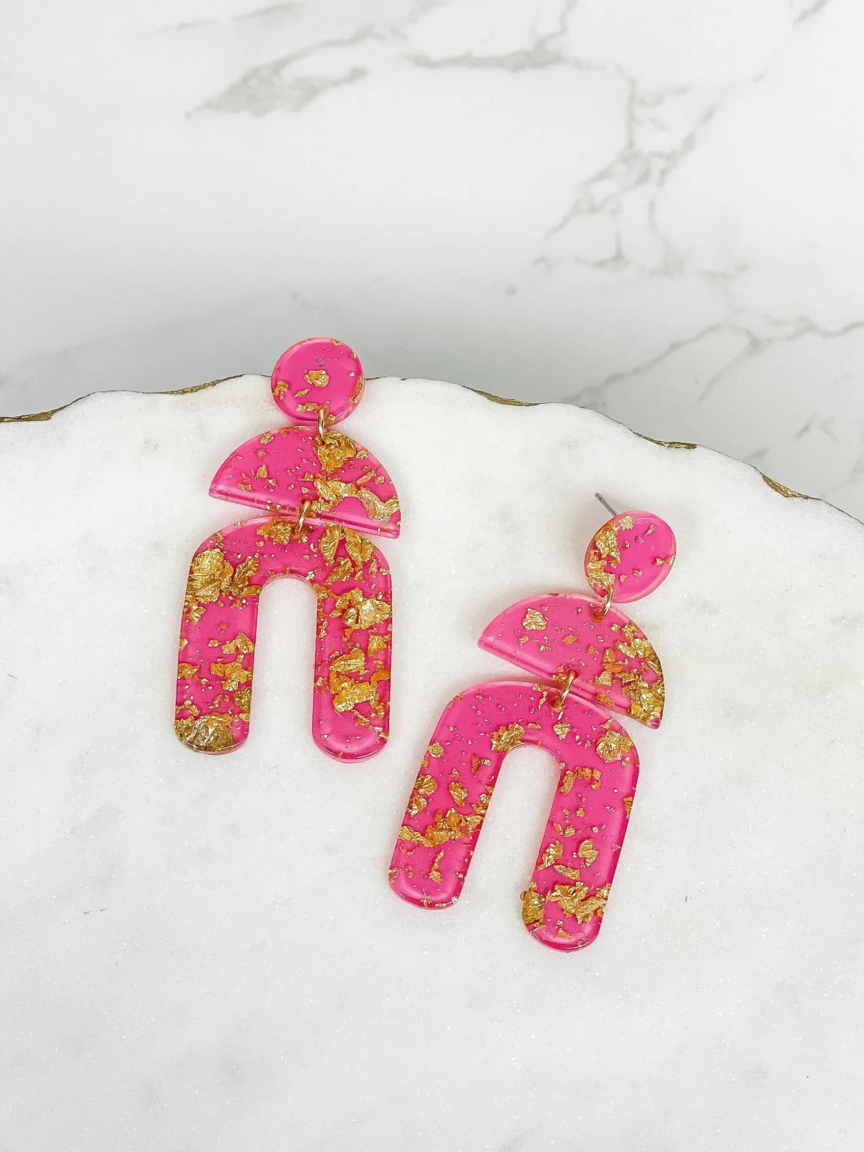 Tiered Geometric Arch Gold Foil Dangle Earrings - Pink