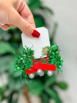 Tinsel Christmas Tree Truck Dangle Earrings