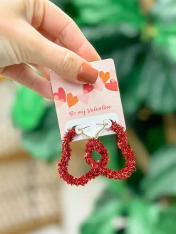 Tinsel Heart Hoop Earrings - Red