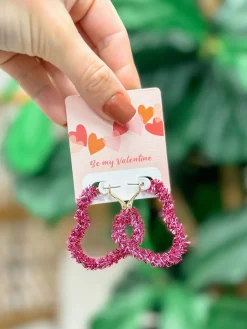 Tinsel Heart Hoop Earrings - Pink