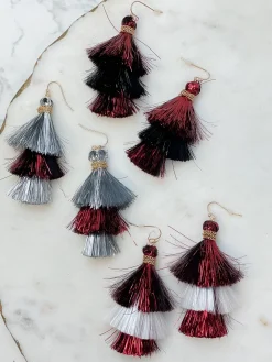 Tinsel Tiered Tassel Earrings - Burgundy & Black