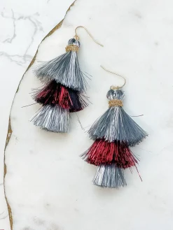 Tinsel Tiered Tassel Earrings - Silver & Burgundy