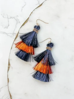 Tinsel Tiered Tassel Earrings - Navy & Orange