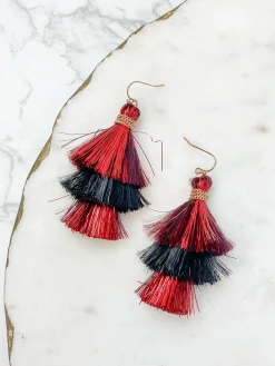 Tinsel Tiered Tassel Earrings - Red & Black