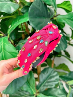 Top Knot Multi Crystal Headband - Hot Pink