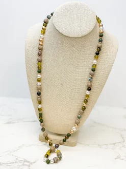 Tortoise Stone & Gold Beaded Long Necklace