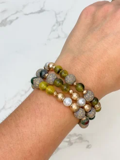 Tortoise Stone & Gold Beaded Stretch Bracelet Set