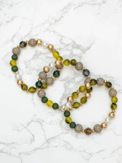 Tortoise Stone & Gold Beaded Stretch Bracelet Set