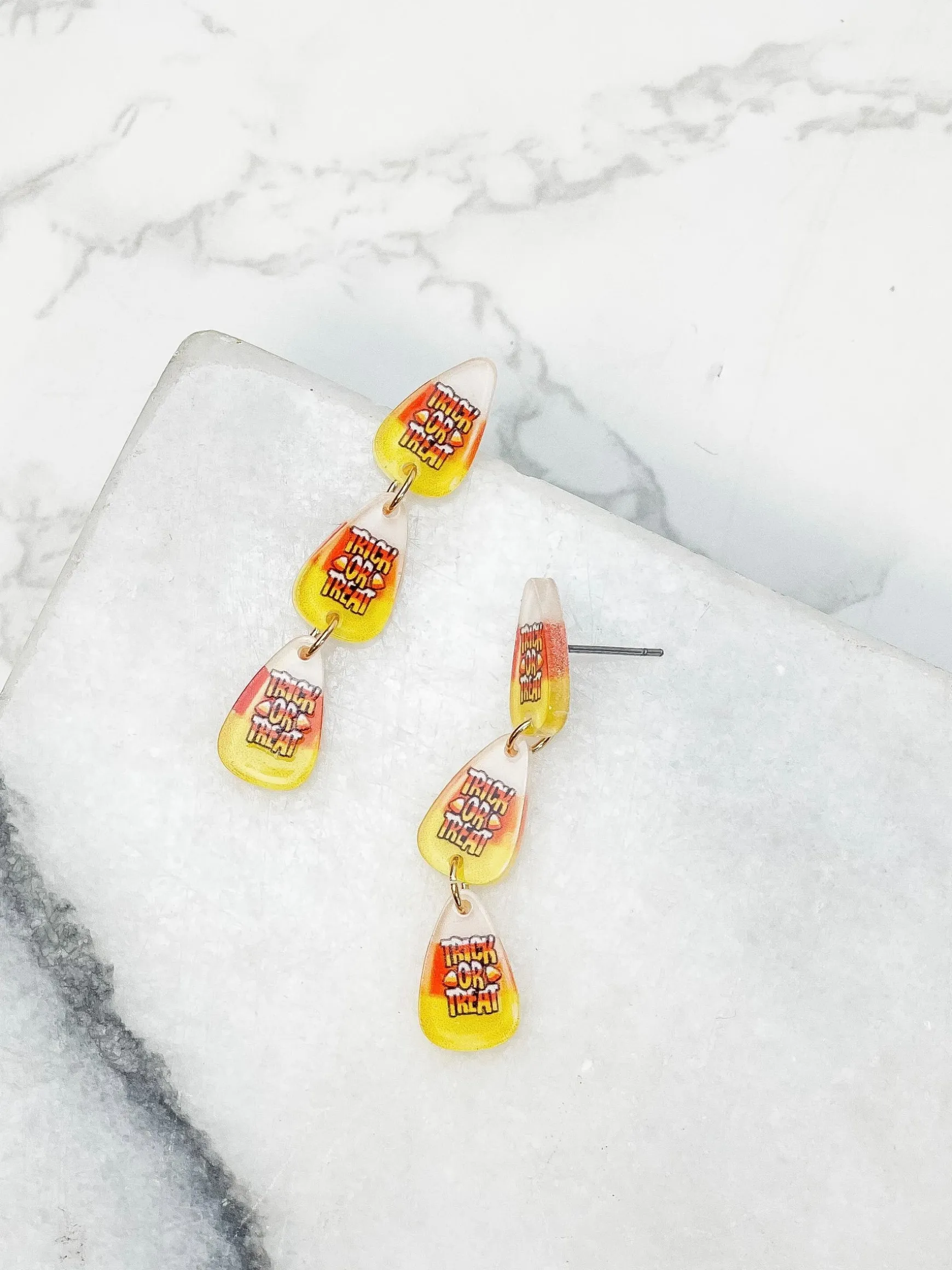 'Trick or Treat' Candy Corn Acrylic Dangle Earrings