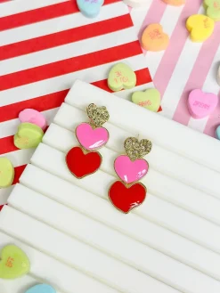 Triple Heart Enamel Dangle Earrings