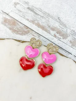 Triple Heart Enamel Dangle Earrings