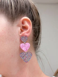 Triple Heart Glitter Dangle Earrings - Multi
