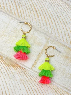 Triple Tassel Hoop Dangle Earrings - Neon