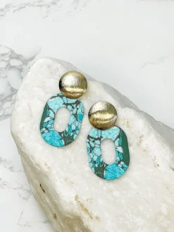 Turquoise & Gold Geometric Clay Dangles - Oval