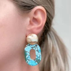 Turquoise & Gold Geometric Clay Dangles - Oval