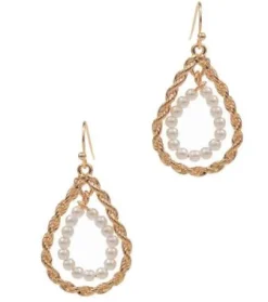 Twisted Double Teardrop Pearl Dangle Earrings - Gold