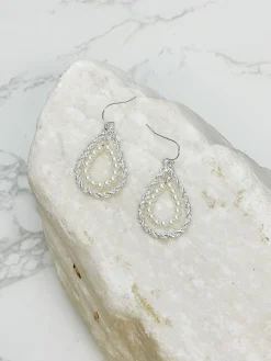 Twisted Double Teardrop Pearl Dangle Earrings - Silver