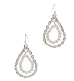 Twisted Double Teardrop Pearl Dangle Earrings - Silver