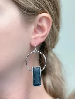 Twisted Hoop & Black Stone Dangle Earrings