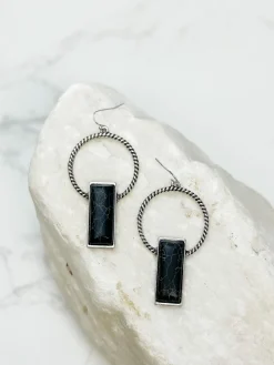 Twisted Hoop & Black Stone Dangle Earrings
