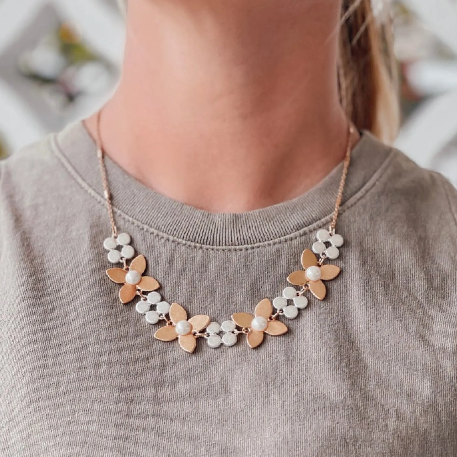 Two Tone Pearl Flower Statement Necklace
