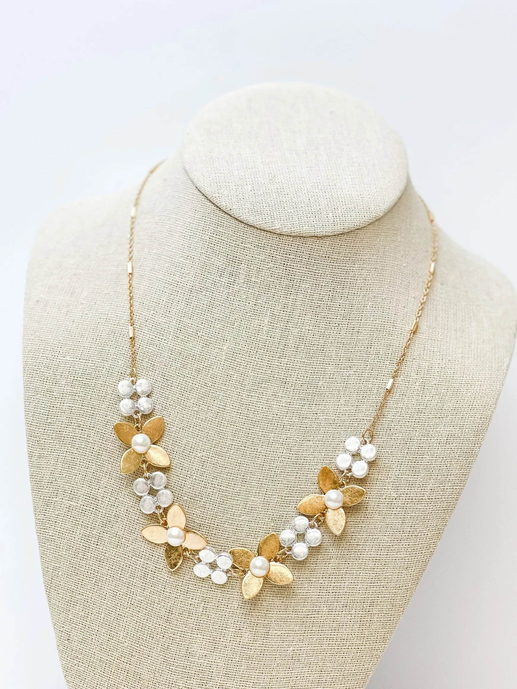 Two Tone Pearl Flower Statement Necklace