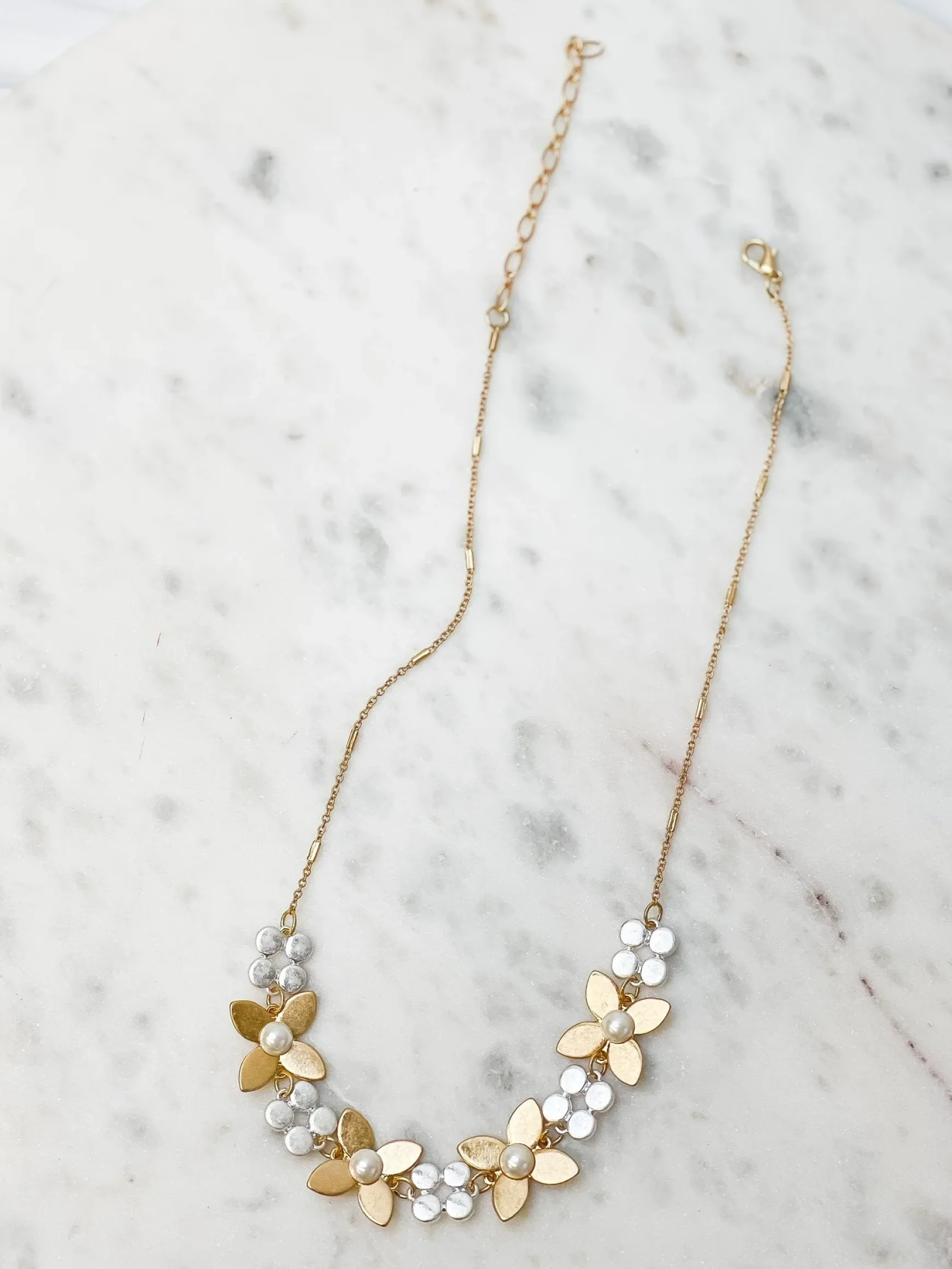 Two Tone Pearl Flower Statement Necklace
