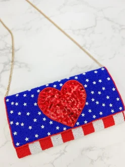 USA Heart Sequin Crossbody Chain Clutch