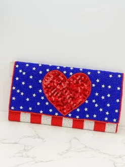 USA Heart Sequin Crossbody Chain Clutch