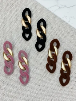 Velvet Chain Link Dangle Earrings - Brown