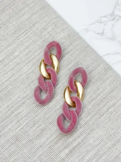 Velvet Chain Link Dangle Earrings - Pink