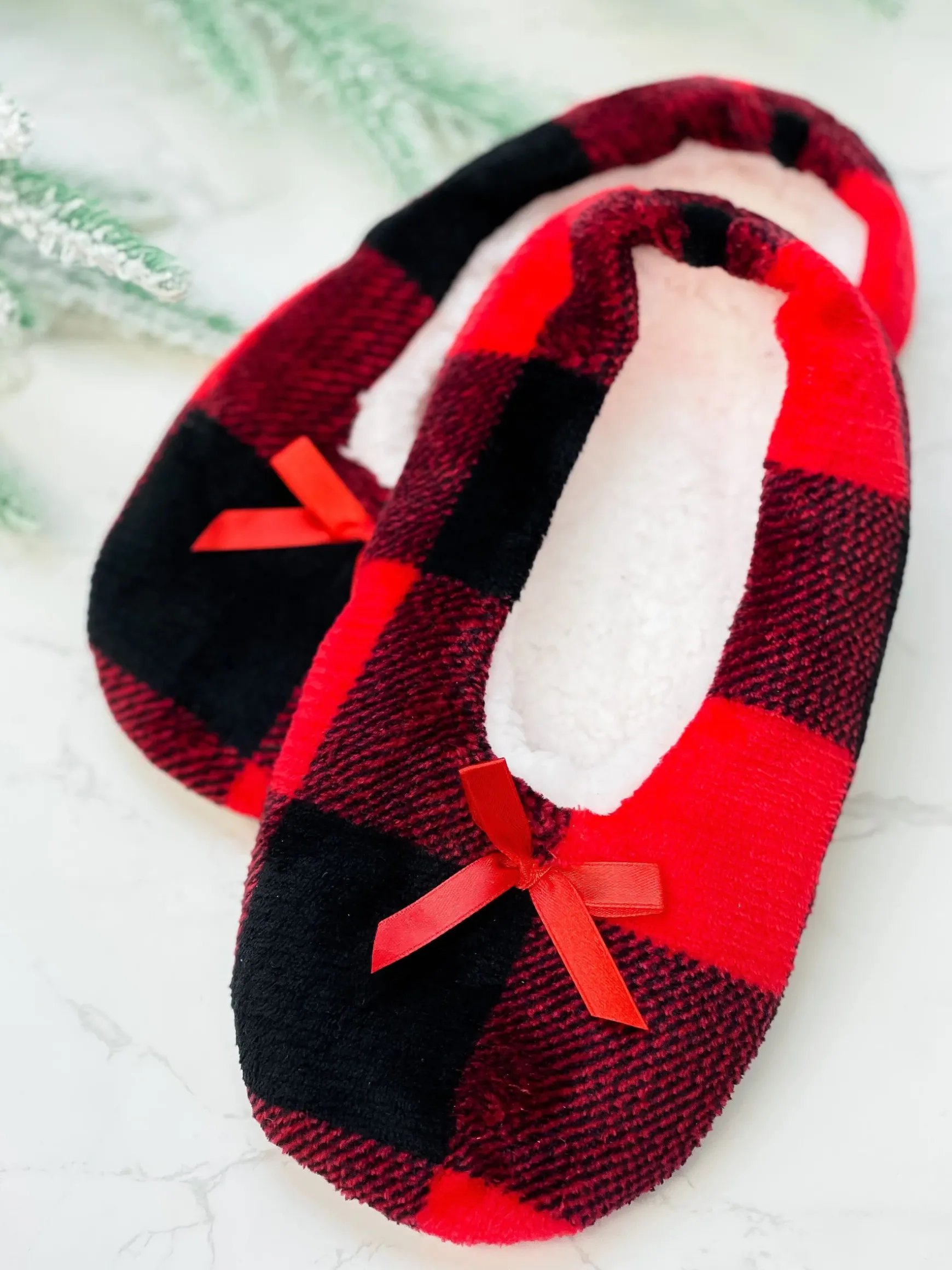 Velvety Fleece Slippers - Christmas Plaid
