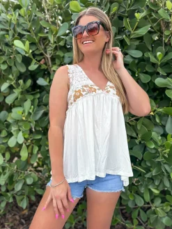 V-Neck A-Line Sleeveless Floral Top by POL - Off White