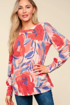 Watercolor Floral Hacci Long Sleeve Blouse - Blush