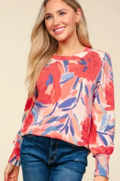Watercolor Floral Hacci Long Sleeve Blouse - Blush